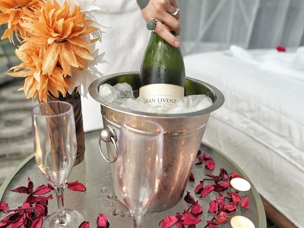 Botella de espumante en hielera con copas, petalos y velas junto a la cama